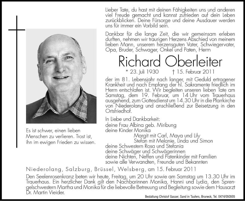  Traueranzeige für Richard Oberleiter vom 18.02.2011 aus Dolomiten