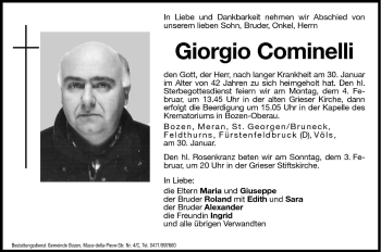 Traueranzeige von Giorgio Cominelli von Dolomiten