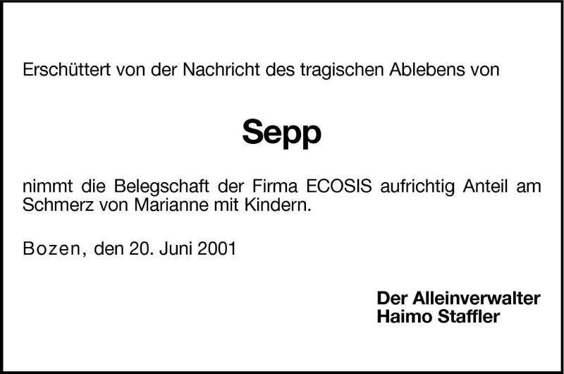  Traueranzeige für Sepp  vom 21.06.2001 aus Dolomiten