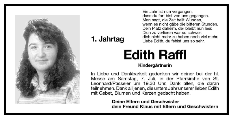  Traueranzeige für Edith Raffl vom 06.07.2001 aus Dolomiten