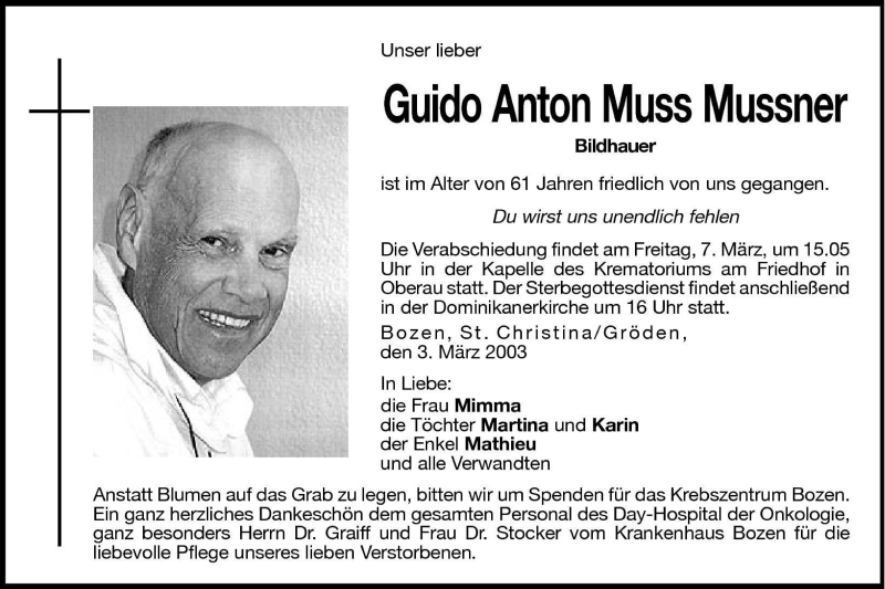  Traueranzeige für Guido Anton Muss Mussner vom 06.03.2003 aus Dolomiten