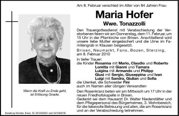 Traueranzeige von Maria Tonazzolli von Dolomiten