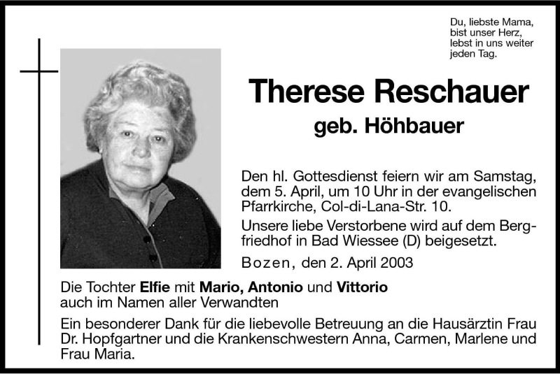  Traueranzeige für Therese Reschauer vom 03.04.2003 aus Dolomiten