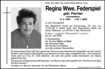 Traueranzeige von Regina Federspiel von Dolomiten