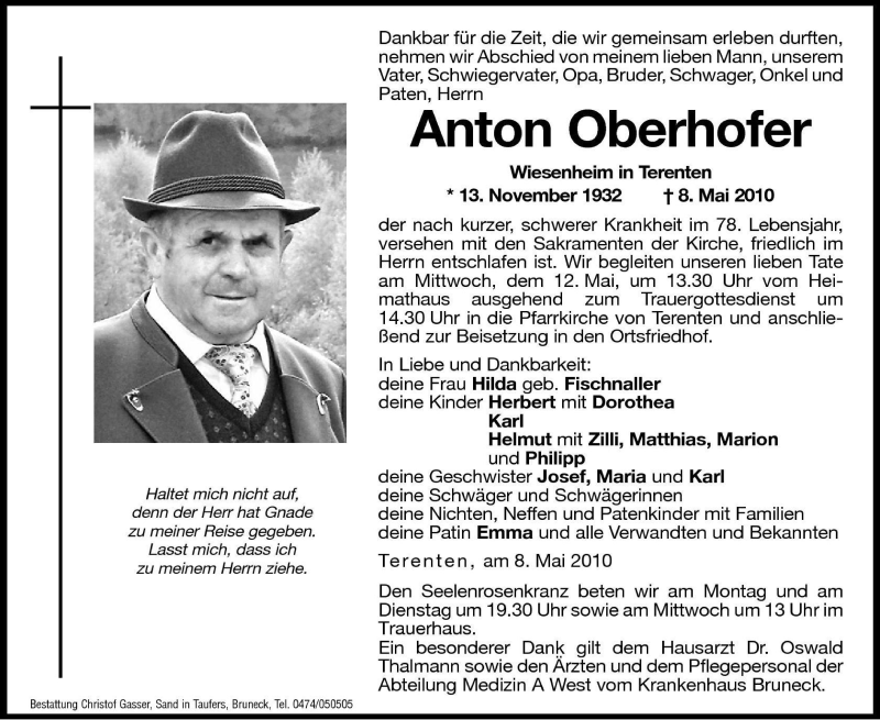  Traueranzeige für Anton Oberhofer vom 10.05.2010 aus Dolomiten