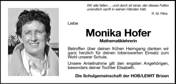Traueranzeige von Monika Stieler von Dolomiten