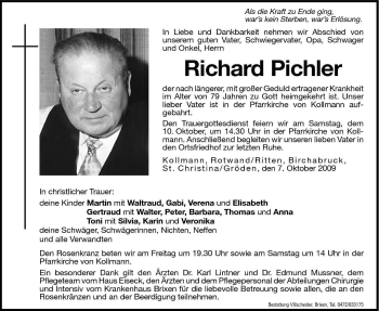 Traueranzeige von Richard Pichler von Dolomiten