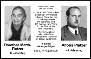 Traueranzeige von Dorothea Platzer von Dolomiten