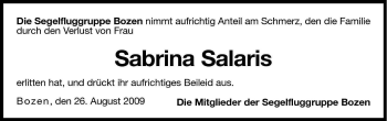 Traueranzeige von Sabrina Salaris von Dolomiten