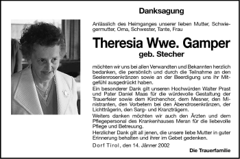 Traueranzeige von Theresia Gamper von Dolomiten