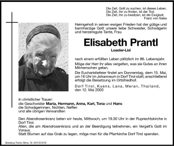Traueranzeige von Elisabeth Prantl von Dolomiten