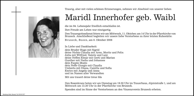  Traueranzeige für Maridl Innerhofer vom 09.10.2006 aus Dolomiten