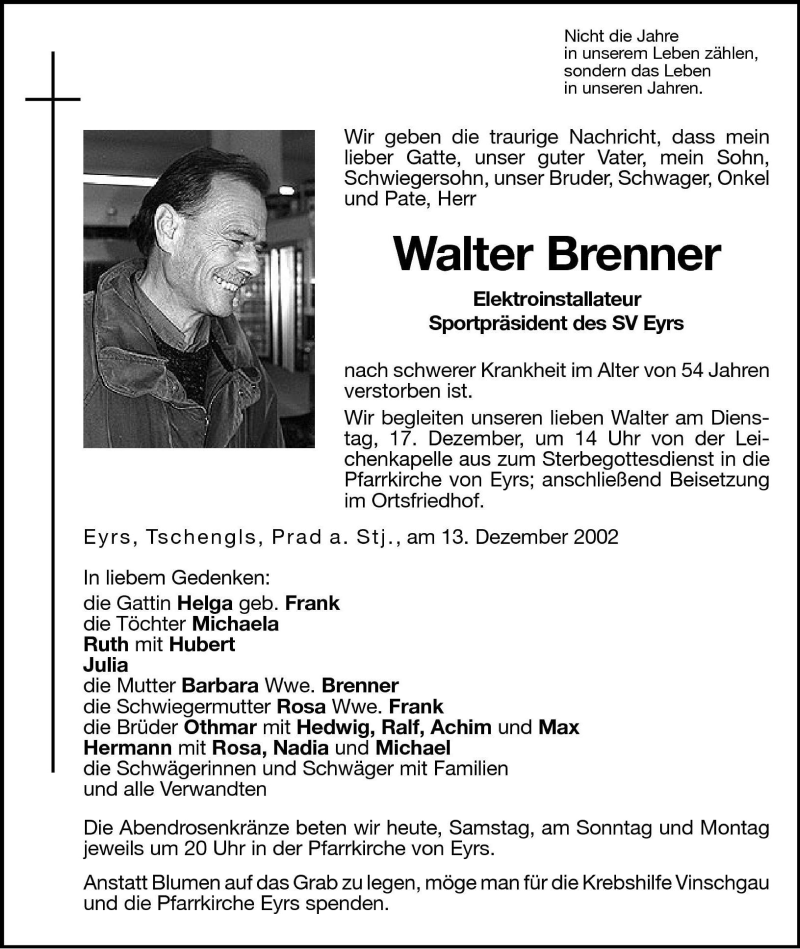  Traueranzeige für Walter Brenner vom 14.12.2002 aus Dolomiten