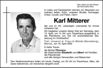 Traueranzeige von Karl Mitterer von Dolomiten