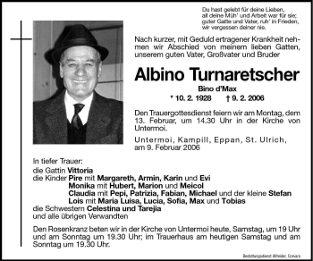 Traueranzeige von Albino Turnaretscher von Dolomiten
