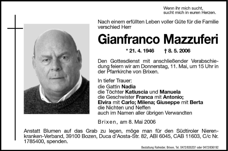  Traueranzeige für Gianfranco Mazzuferi vom 10.05.2006 aus Dolomiten