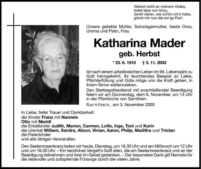  Traueranzeige für Katharina Mader vom 04.11.2003 aus Dolomiten