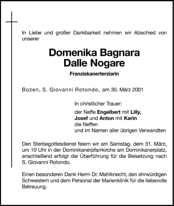 Traueranzeige von Domenika Bagnara von Dolomiten