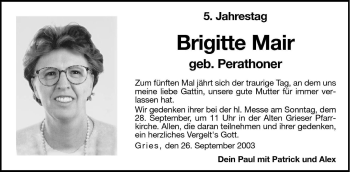 Traueranzeige von Brigitte Mair von Dolomiten