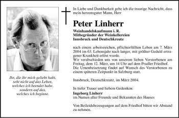 Traueranzeige von Peter Linherr von Dolomiten