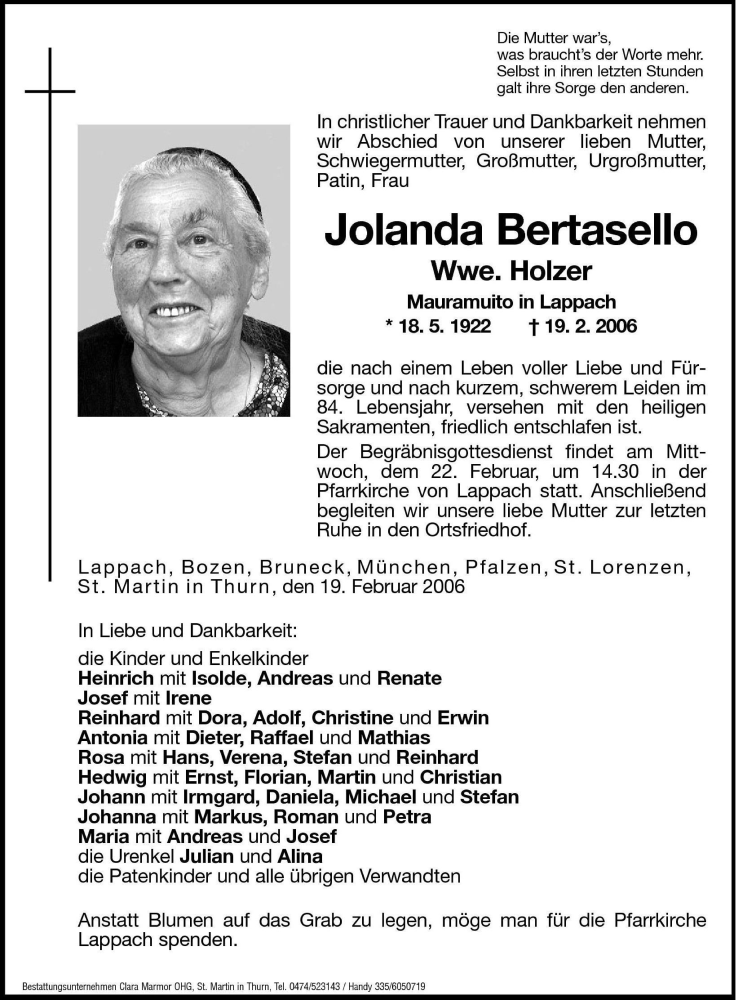  Traueranzeige für Jolanda Holzer vom 20.02.2006 aus Dolomiten