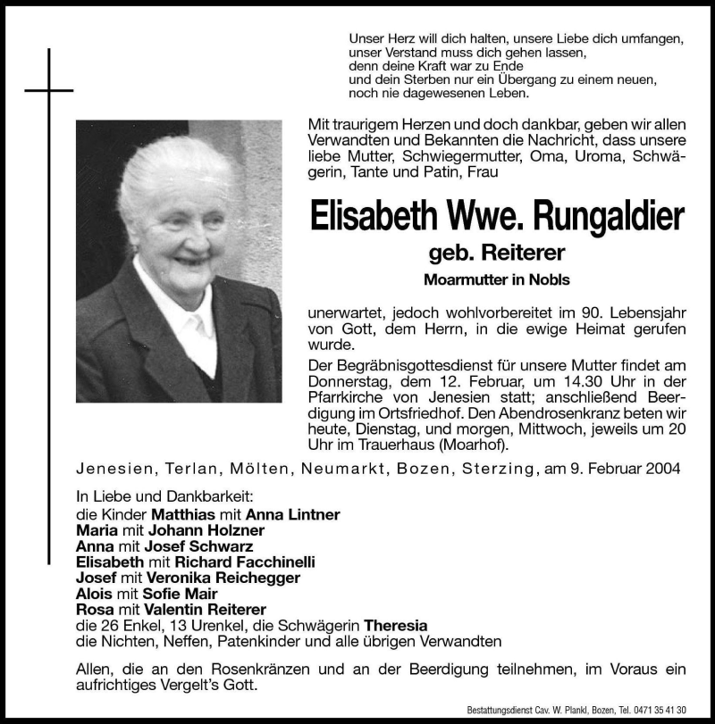  Traueranzeige für Elisabeth Rungaldier vom 10.02.2004 aus Dolomiten