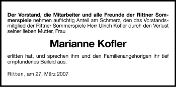 Traueranzeige von Marianne Kofler von Dolomiten