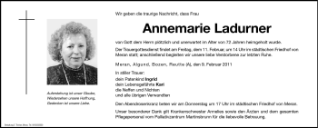 Traueranzeige von Annemarie Ladurner von Dolomiten