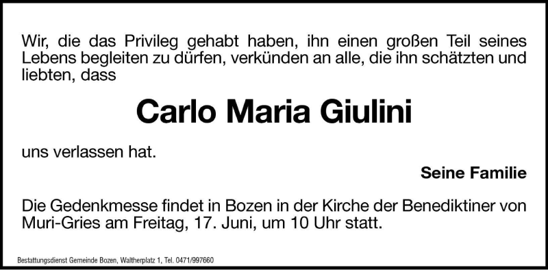 Traueranzeige für Carlo Maria Giulini vom 16.06.2005 aus Dolomiten