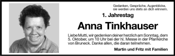 Traueranzeige von Anna Tinkhauser von Dolomiten