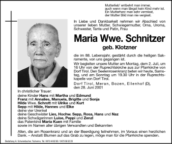 Traueranzeige von Maria Schnitzer von Dolomiten