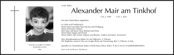 Traueranzeige von Alexander Mair am Tinkhof von Dolomiten