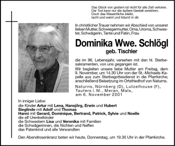 Traueranzeige von Dominika Schlögl von Dolomiten