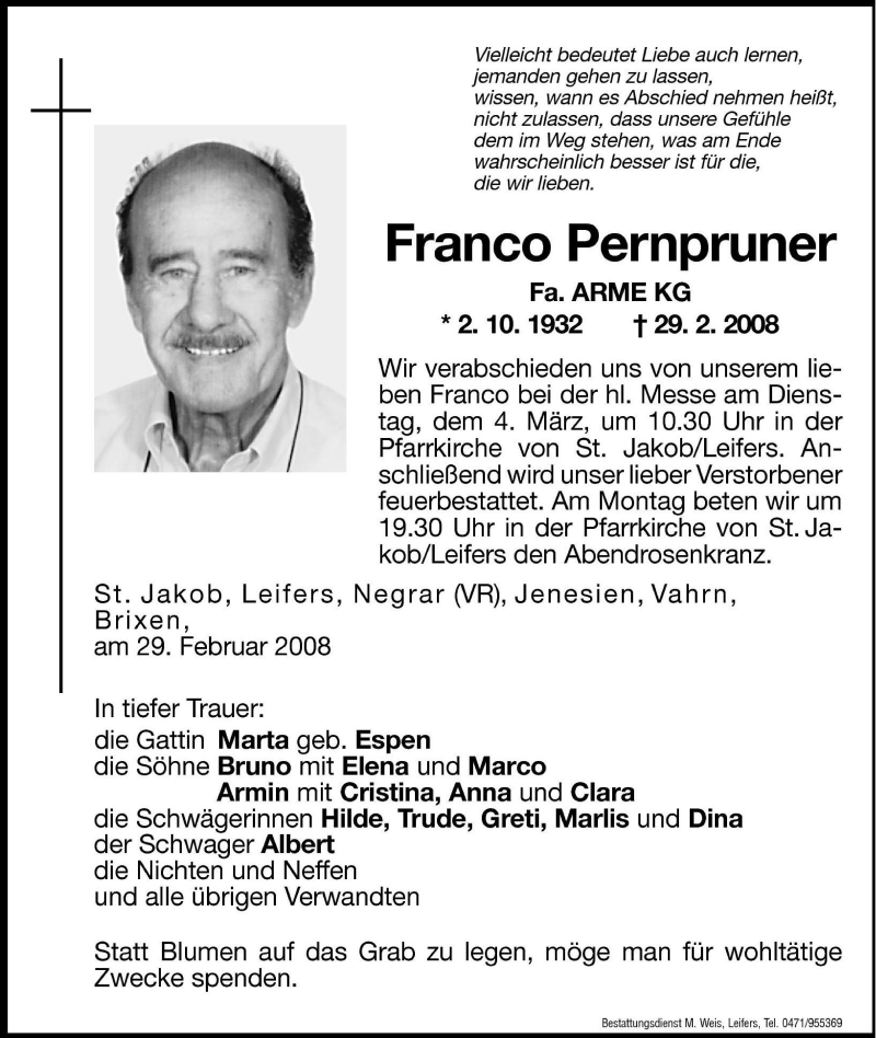  Traueranzeige für Franco Pernpruner vom 01.03.2008 aus Dolomiten