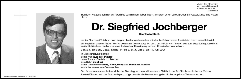  Traueranzeige für Siegfried Jochberger vom 12.06.2007 aus Dolomiten