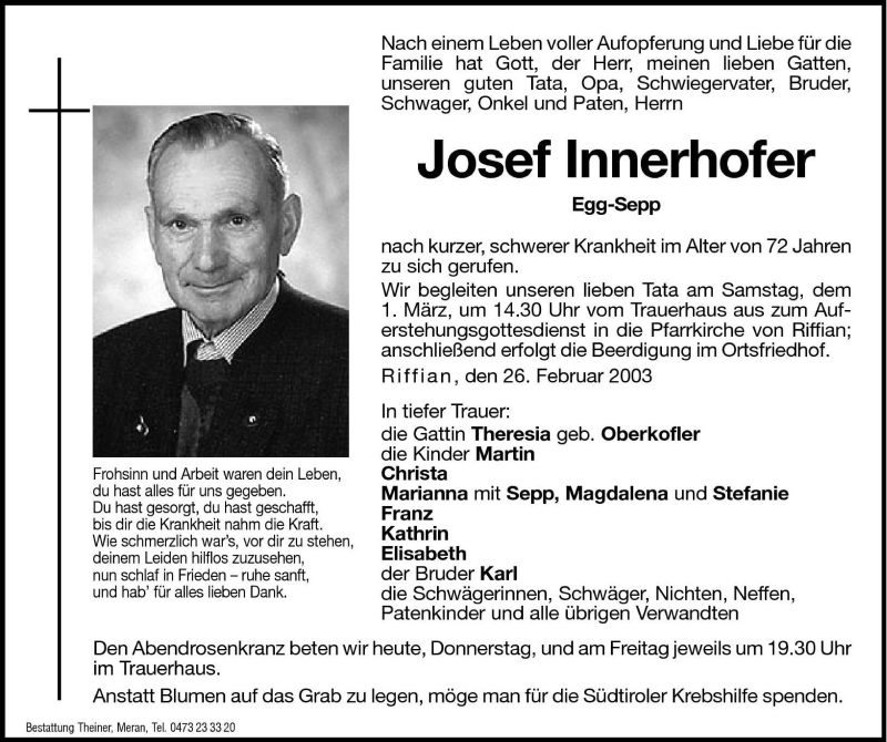  Traueranzeige für Josef Innerhofer vom 27.02.2003 aus Dolomiten