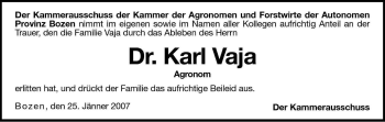 Traueranzeige von Karl Vaja von Dolomiten