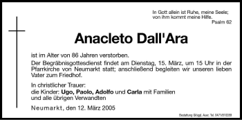 Traueranzeige von Anacleto Dall' Ara von Dolomiten
