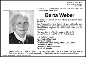 Traueranzeige von Berta Weber von Dolomiten