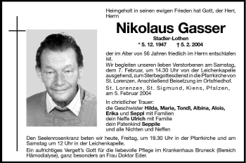 Traueranzeige von Nikolaus Gasser von Dolomiten