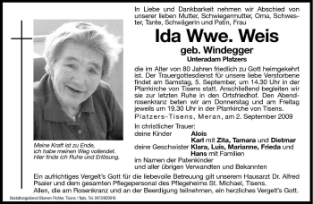 Traueranzeige von Ida Weis von Dolomiten