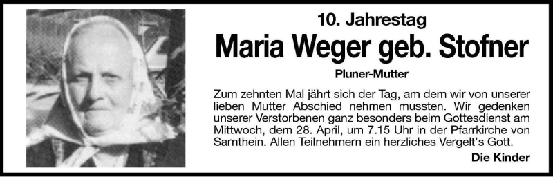  Traueranzeige für Maria Weger vom 27.04.2004 aus Dolomiten