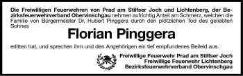 Traueranzeige von Florian Pinggera von Dolomiten