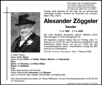 Traueranzeige von Alexander Zöggeler von Dolomiten