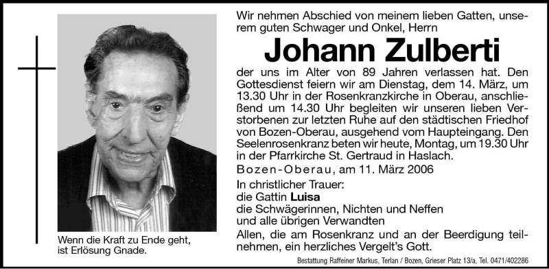  Traueranzeige für Johann Zulberti vom 13.03.2006 aus Dolomiten