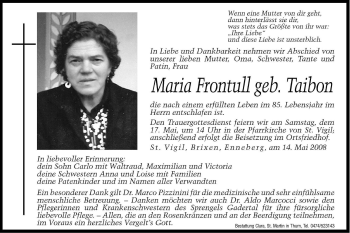 Traueranzeige von Maria Frontull von Dolomiten