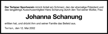 Traueranzeige von Johanna Schanung von Dolomiten