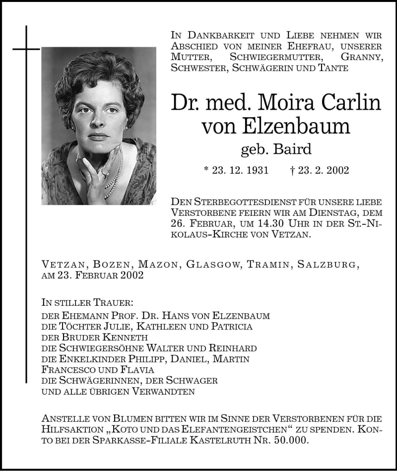  Traueranzeige für Moira Carlin von Elzenbaum vom 25.02.2002 aus Dolomiten
