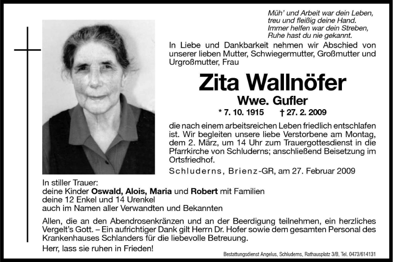  Traueranzeige für Zita Gufler vom 02.03.2009 aus Dolomiten