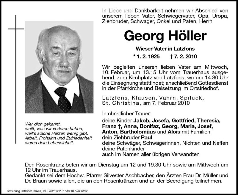  Traueranzeige für Georg Höller vom 09.02.2010 aus Dolomiten